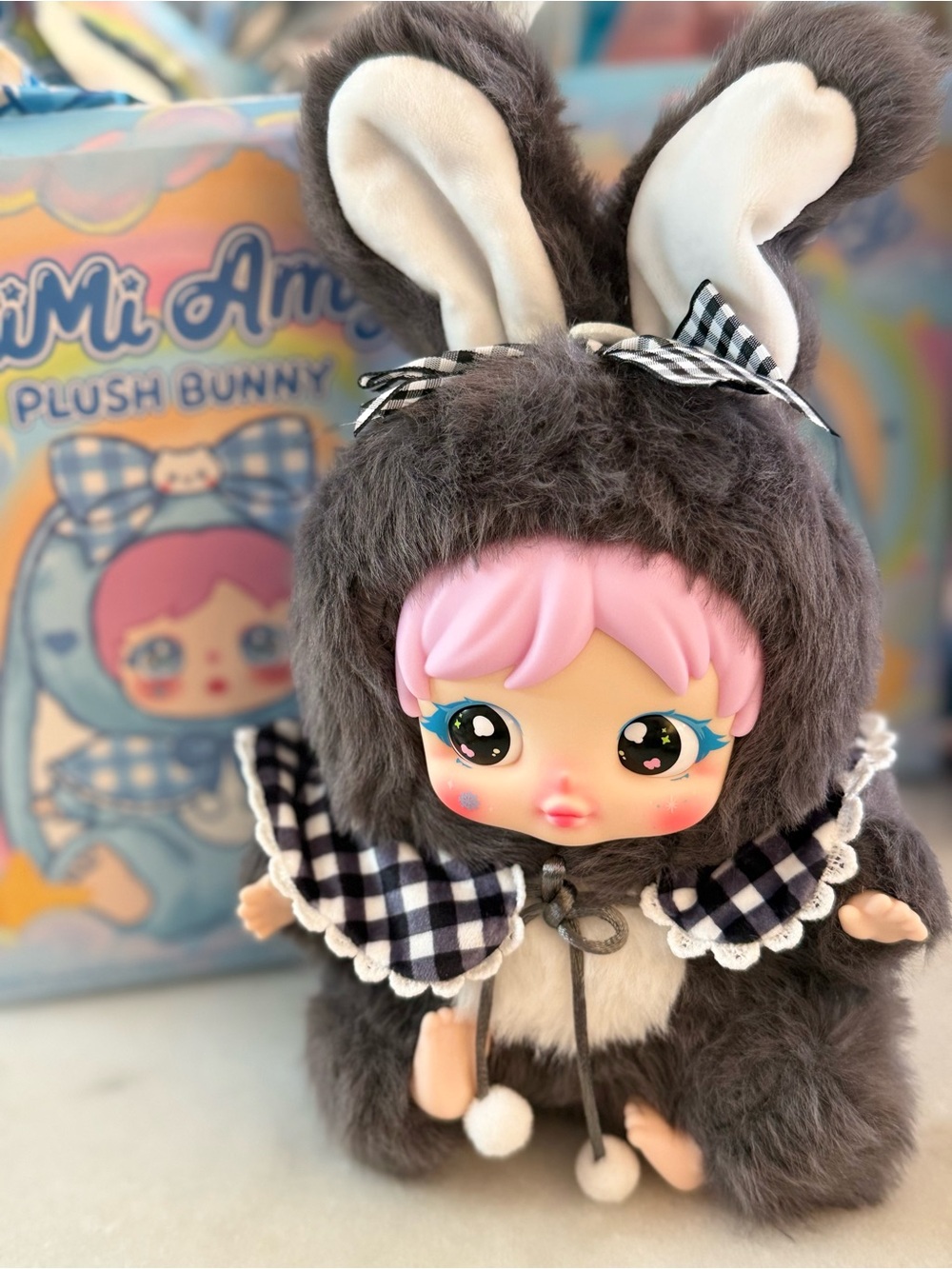 Aimi Amy Night Plush Bunny Doll in Dark Gray with Pink Hair